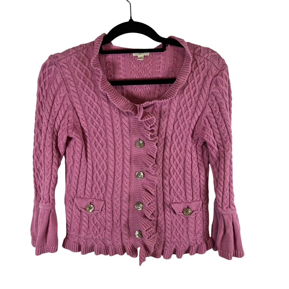J. Jill Pink Cable Knit Ruffle Cardigan Sweater Womens XS Cotton Cottagecore